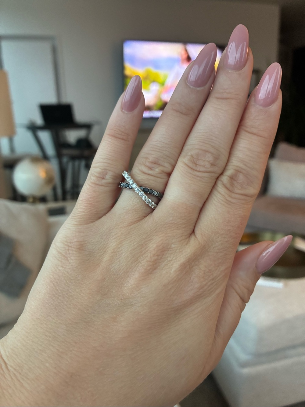18K white gold infinity ring w/.75 ctw, natural white and black diamonds